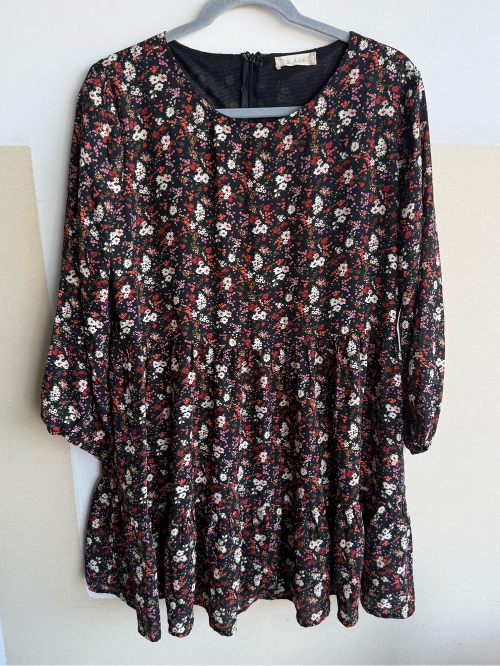 Altar'd State Black Floral Tiered Long Sleeve Dress with Pink and Cream Accents